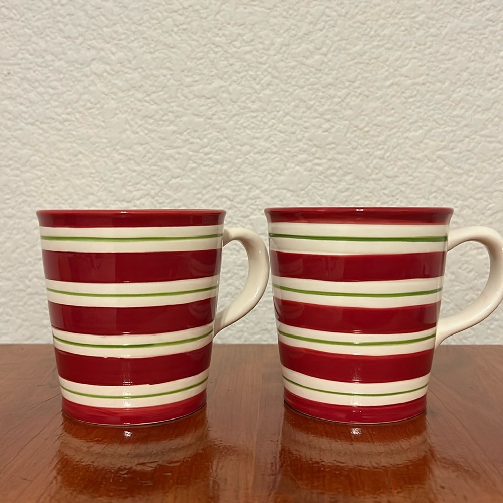 Earthenware  Christmas  Candy  Cane  Red And Green  Coffee Mug  4” Set of 2